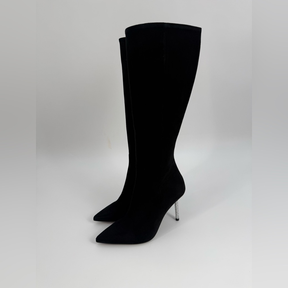 Diane B. Sophisticated Black Suede Knee-High Stiletto Boots with Rhinestone Heel - Picture 13 of 16